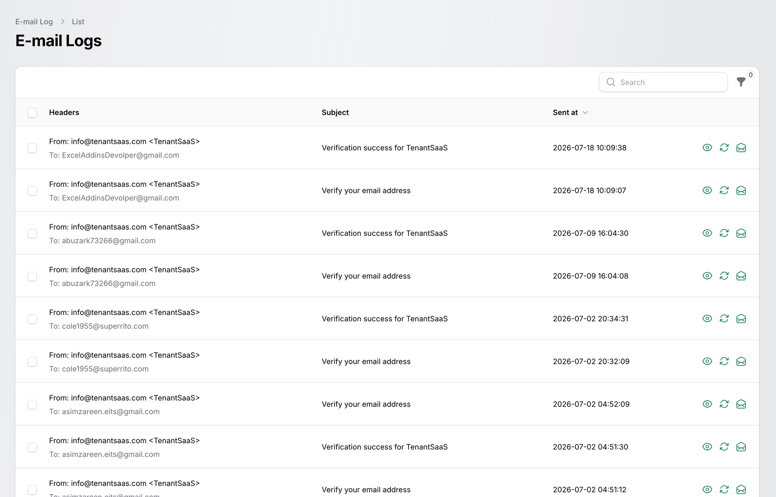 TenantSaaS email delivery logs table showing senders, recipients, subjects, sent timestamps, and preview and resend actions for previously sent emails.