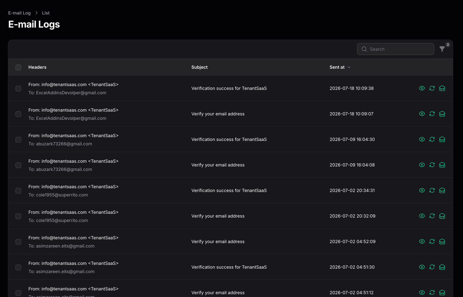 TenantSaaS email delivery logs table showing senders, recipients, subjects, sent timestamps, and preview and resend actions for previously sent emails.