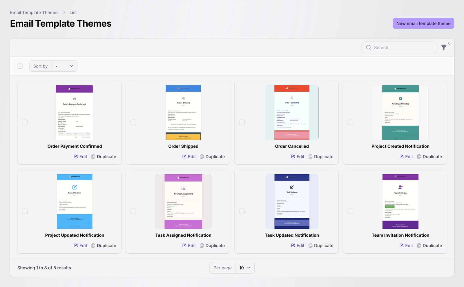 TenantSaaS email template themes gallery showing reusable branded email designs with logos, header colors, content styles, and footer details for different notification types.