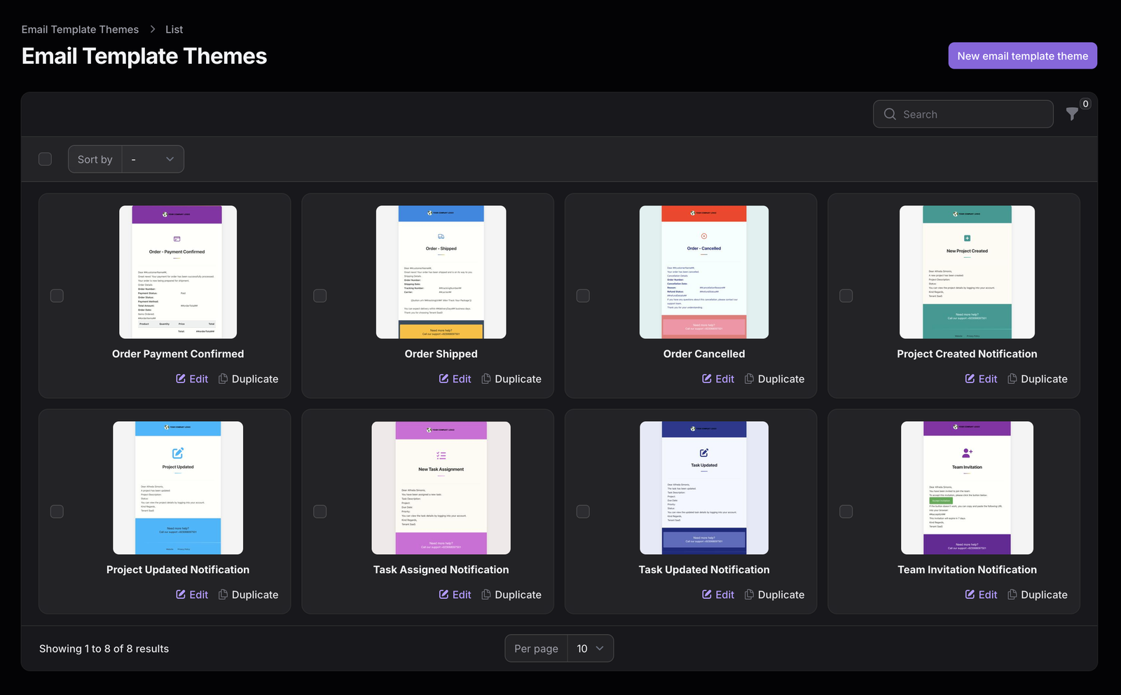 TenantSaaS email template themes gallery showing reusable branded email designs with logos, header colors, content styles, and footer details for different notification types.