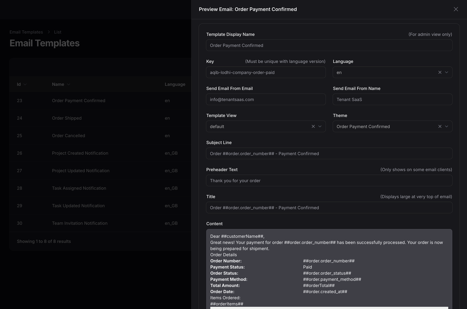 TenantSaaS email template editor with sender details, subject line, preheader, title, editable content with placeholders, language, template view, theme selection, and a live email preview.