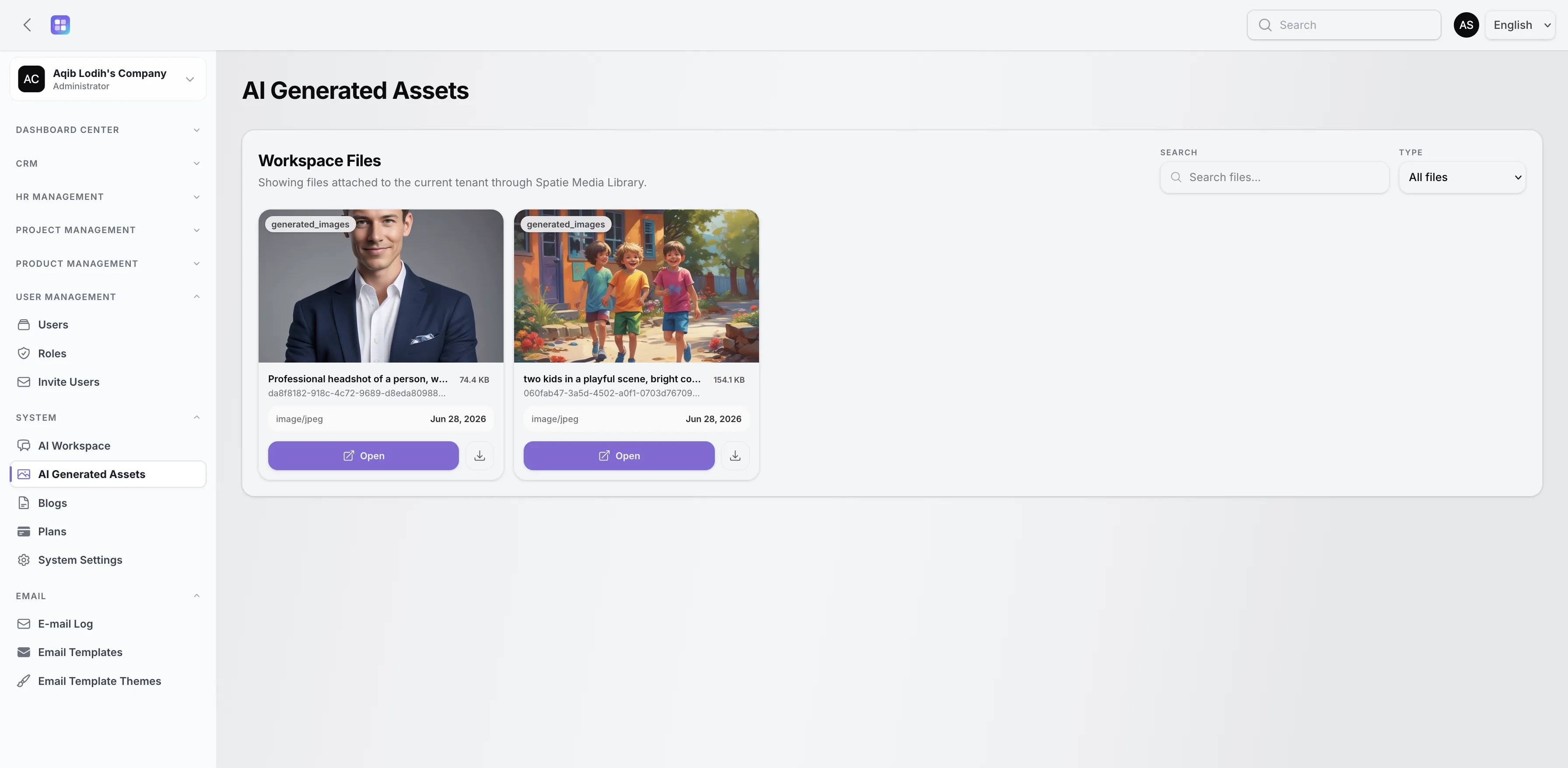 TenantSaaS AI-generated assets screen showing saved generated business content.