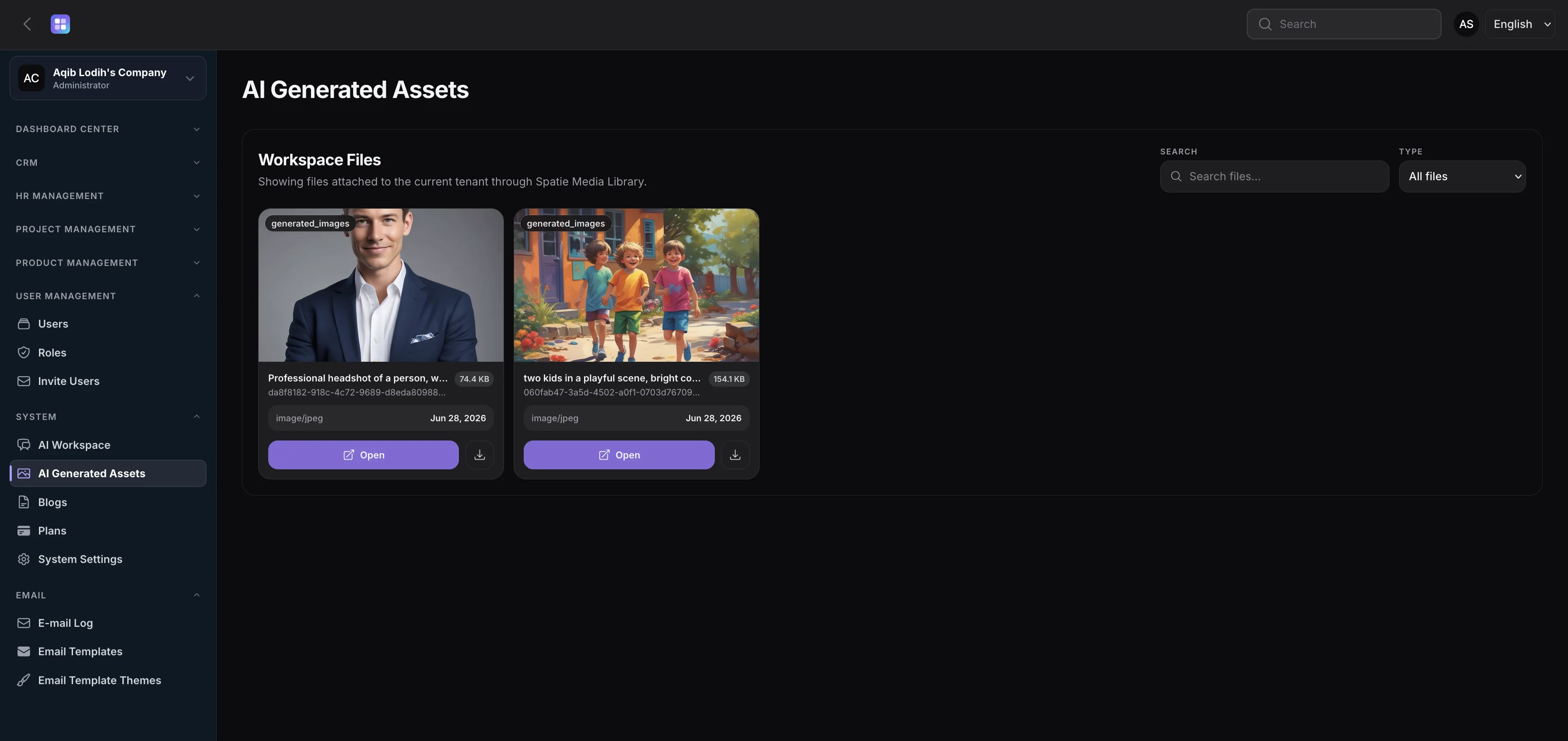 TenantSaaS AI-generated assets screen showing saved generated business content.