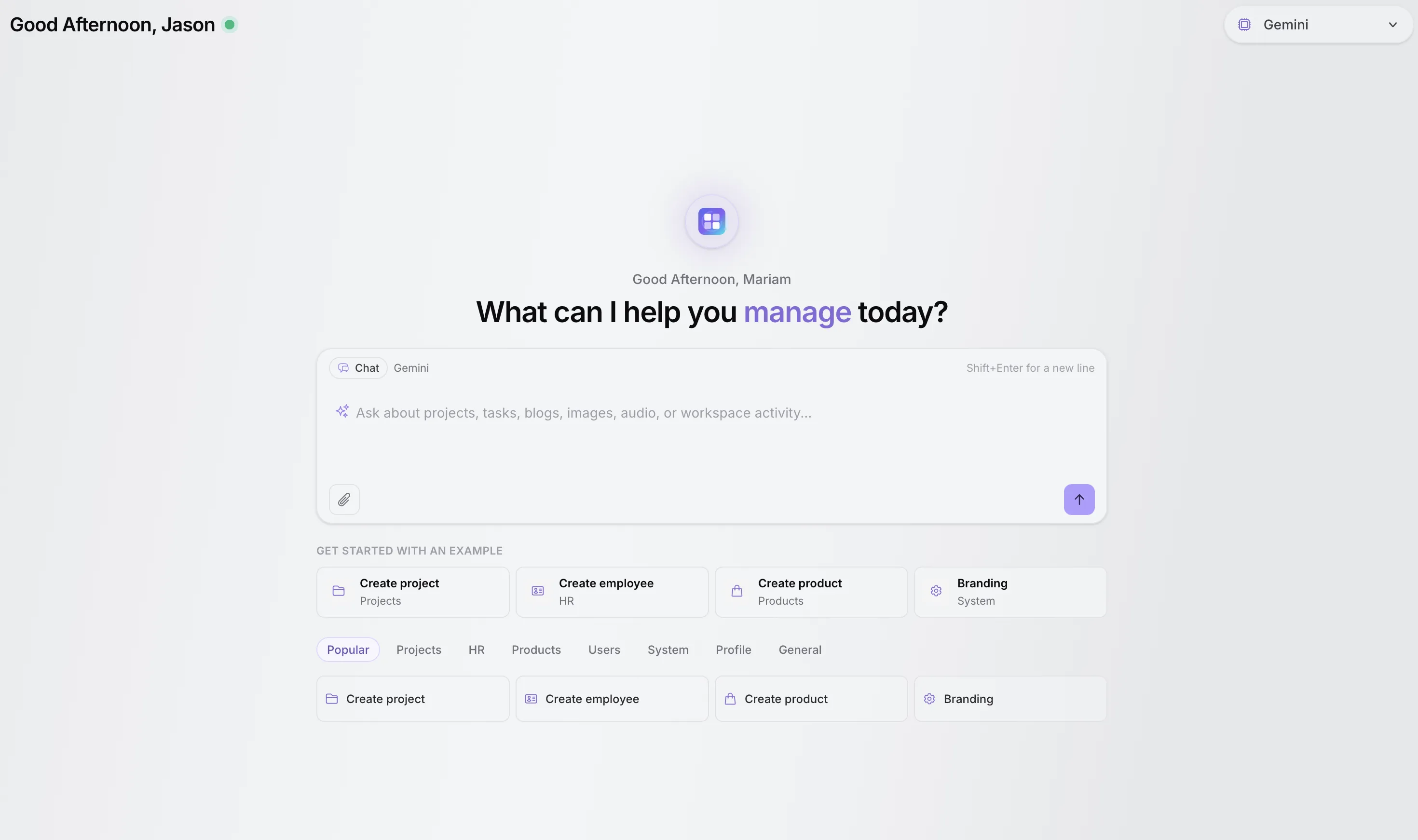 TenantSaaS AI Workspace with reusable AI tools for business questions and content generation.