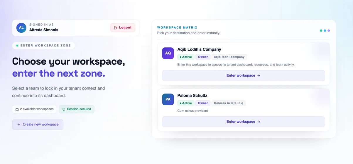 TenantSaaS workspace chooser showing multiple company workspaces available from one account.