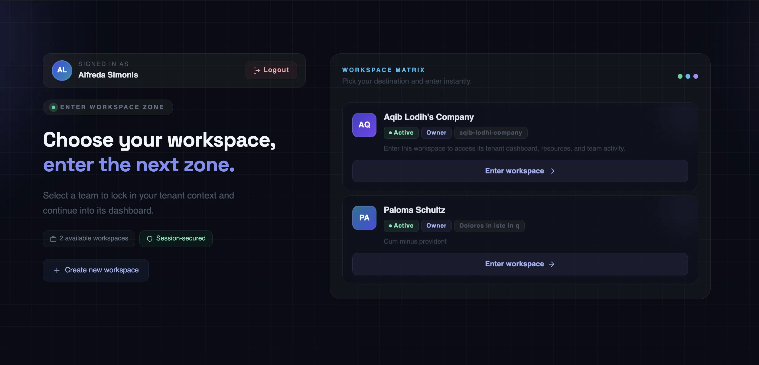 TenantSaaS workspace chooser showing multiple company workspaces available from one account.