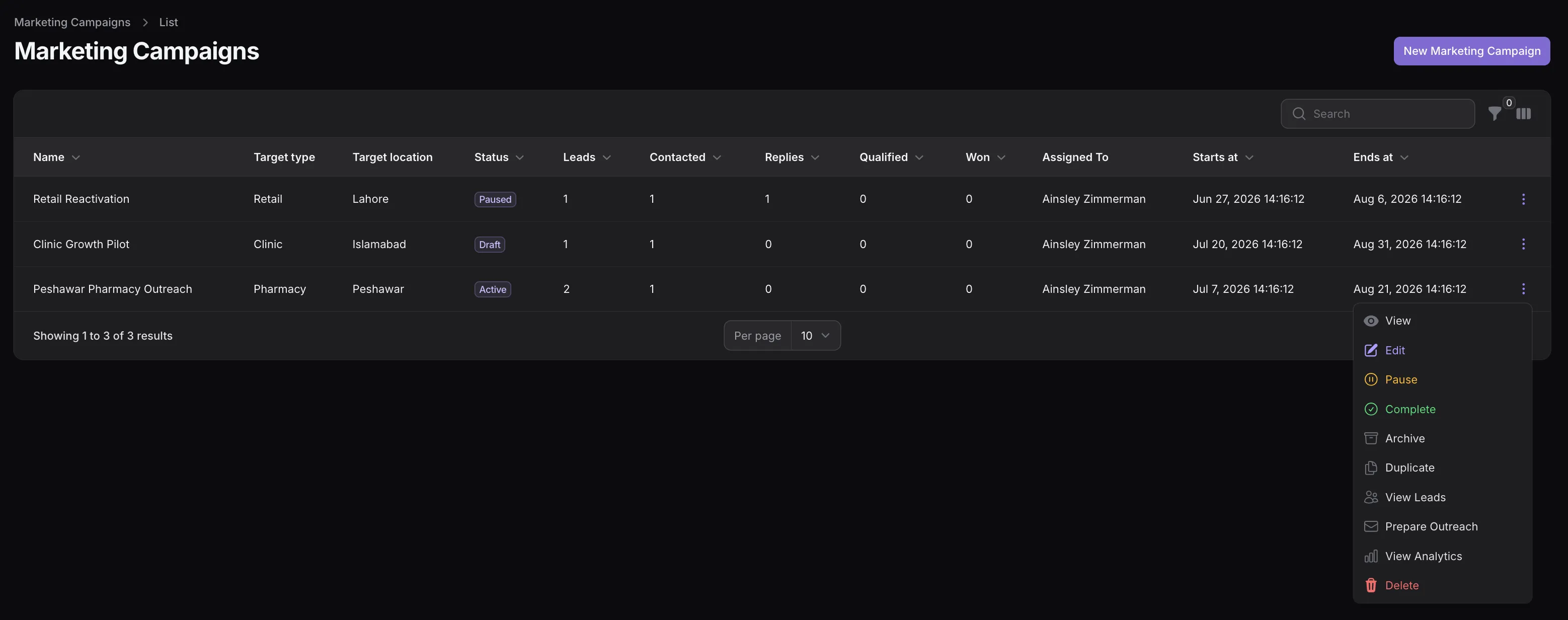 TenantSaaS marketing campaigns table with target type, target location, status, lead counts, contacted, replies, qualified, won, and campaign actions.