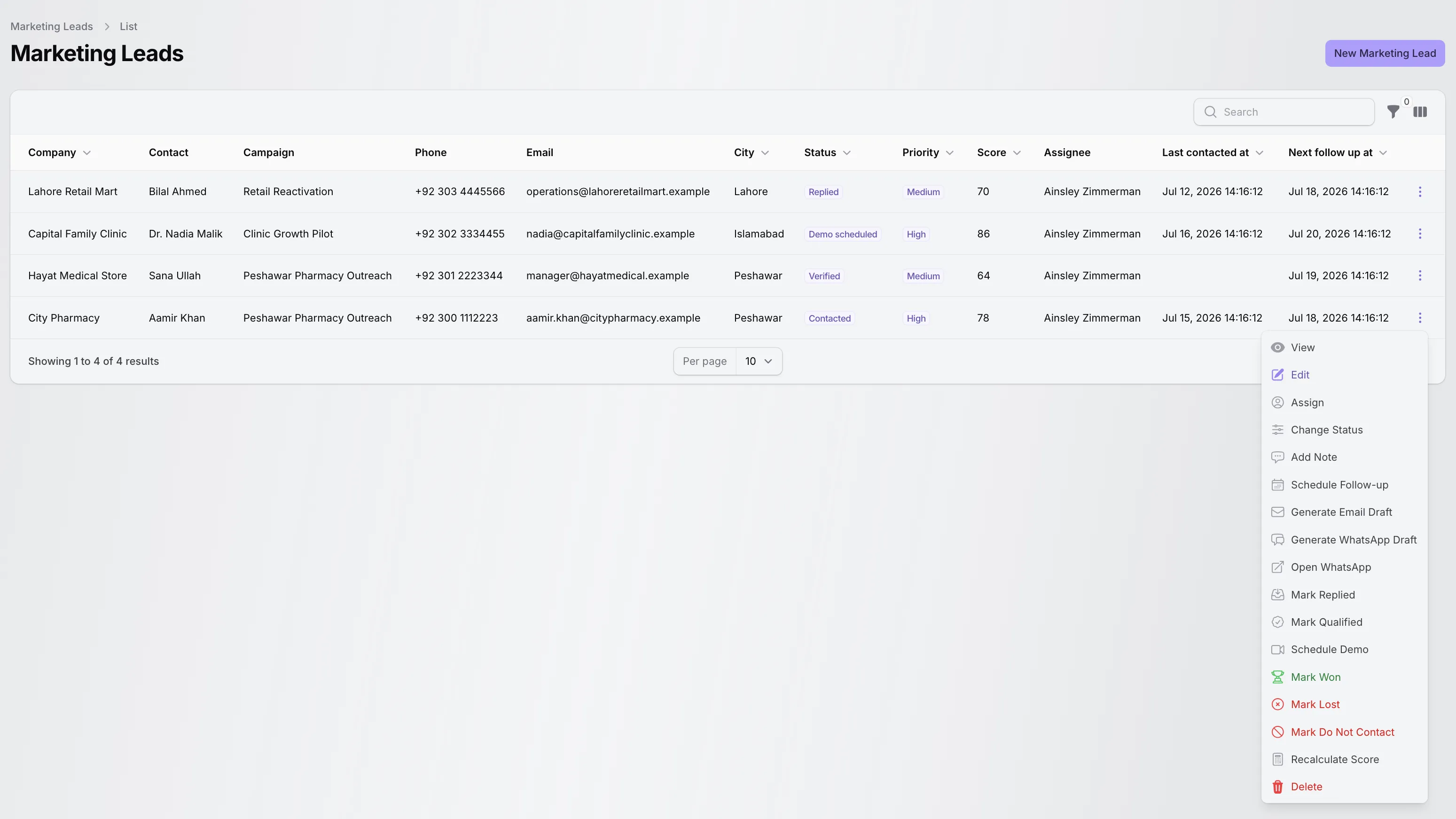 TenantSaaS marketing leads table with company, contact, campaign, status, priority, score, assignee, follow-up dates, and lead workflow actions.