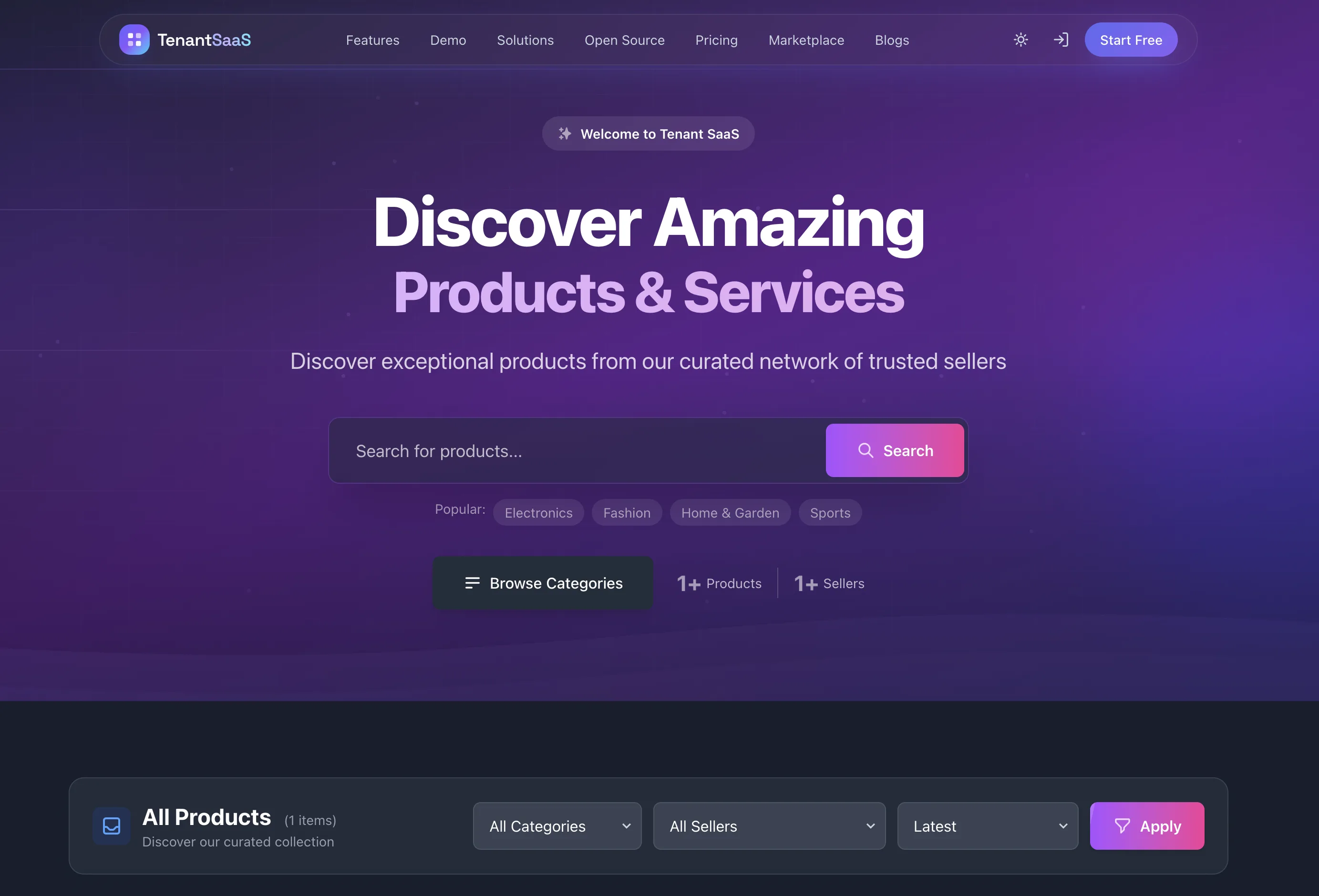 TenantSaaS marketplace screen showing products available for customers.