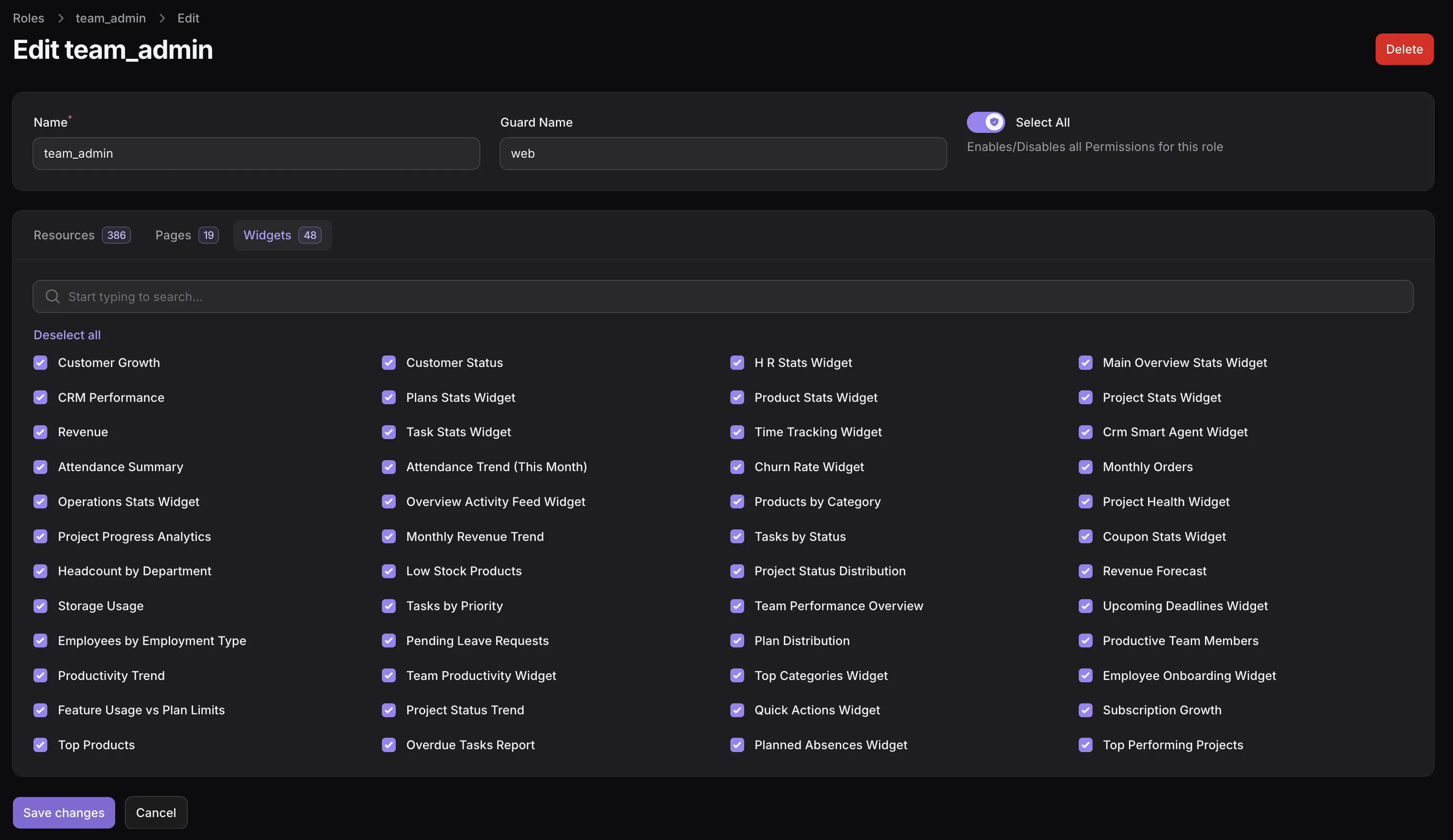 TenantSaaS permission controls for tenant users and business modules.