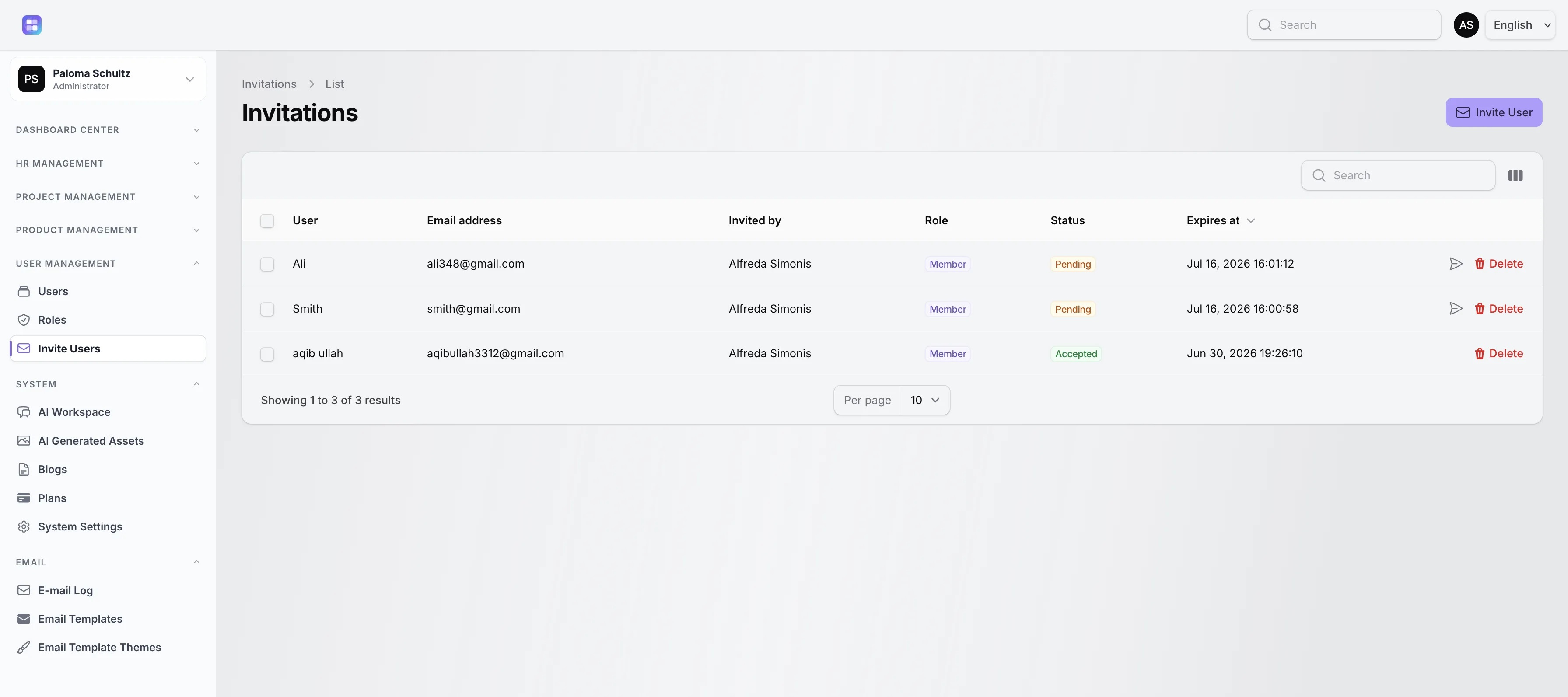 TenantSaaS team invitation screen for inviting employees and assigning access.