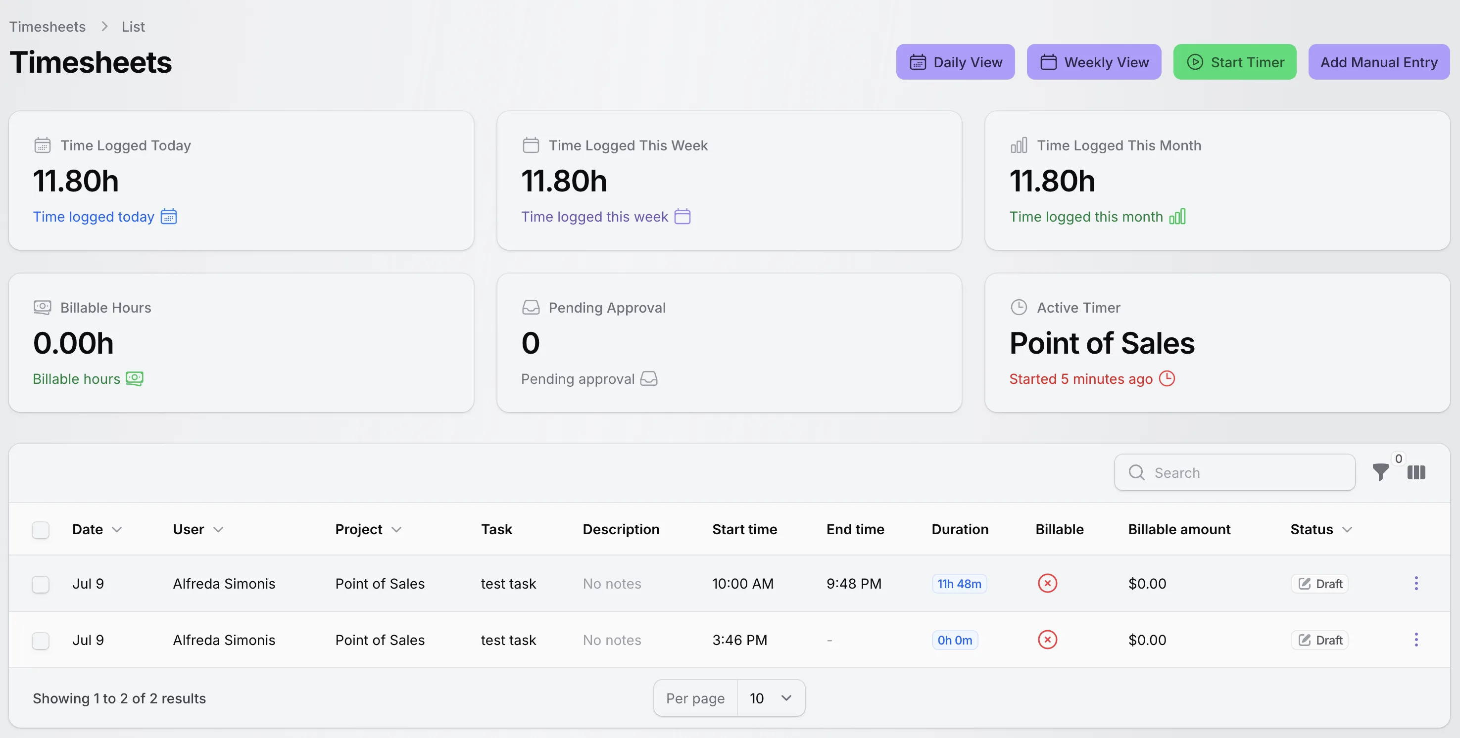 TenantSaaS timesheets screen for tracking daily and weekly employee work.