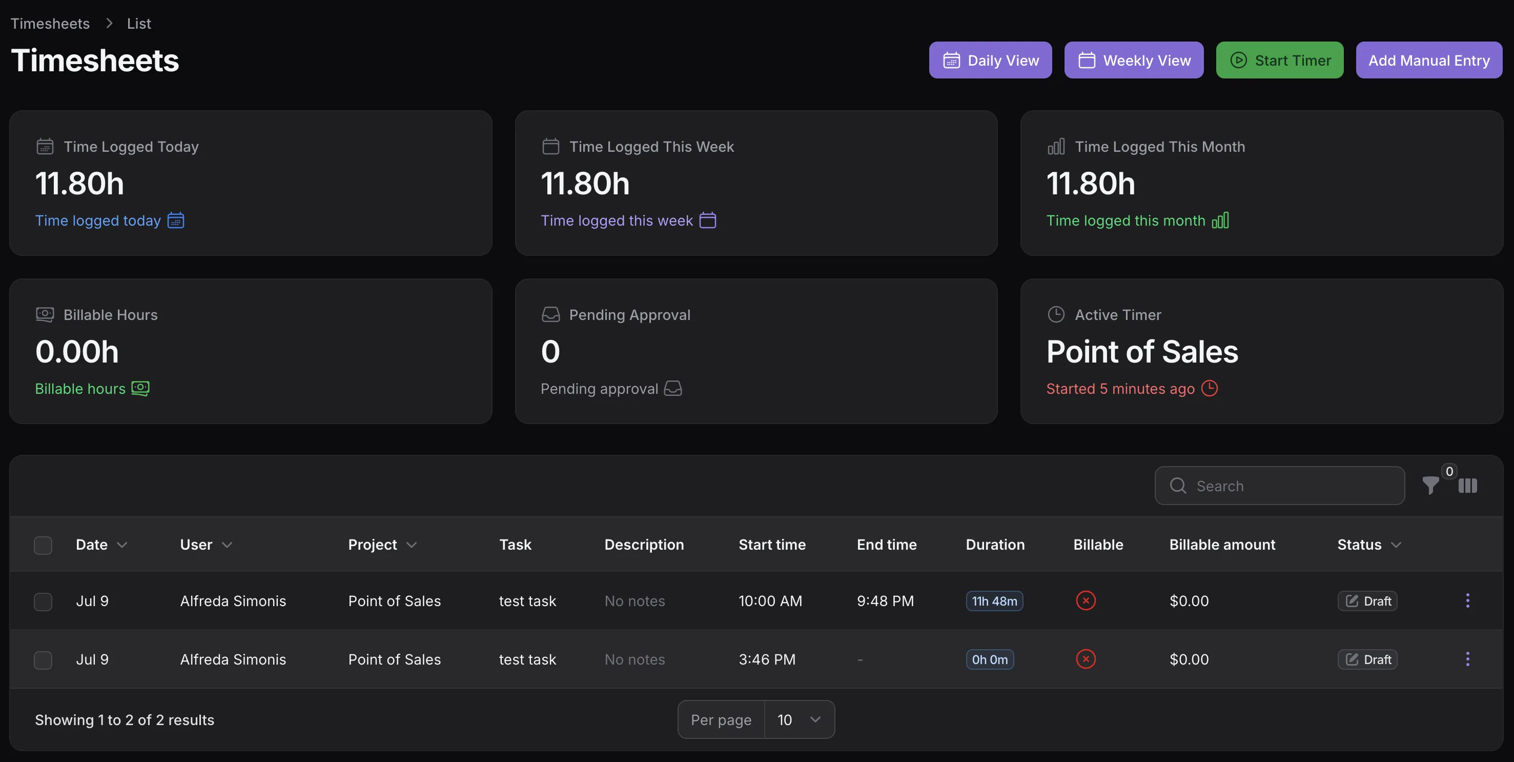 TenantSaaS timesheets screen for tracking daily and weekly employee work.